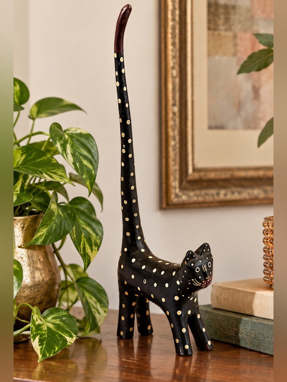 Vintage Black & White Polka-dot Cat Figurine with Long Tail Standing Up